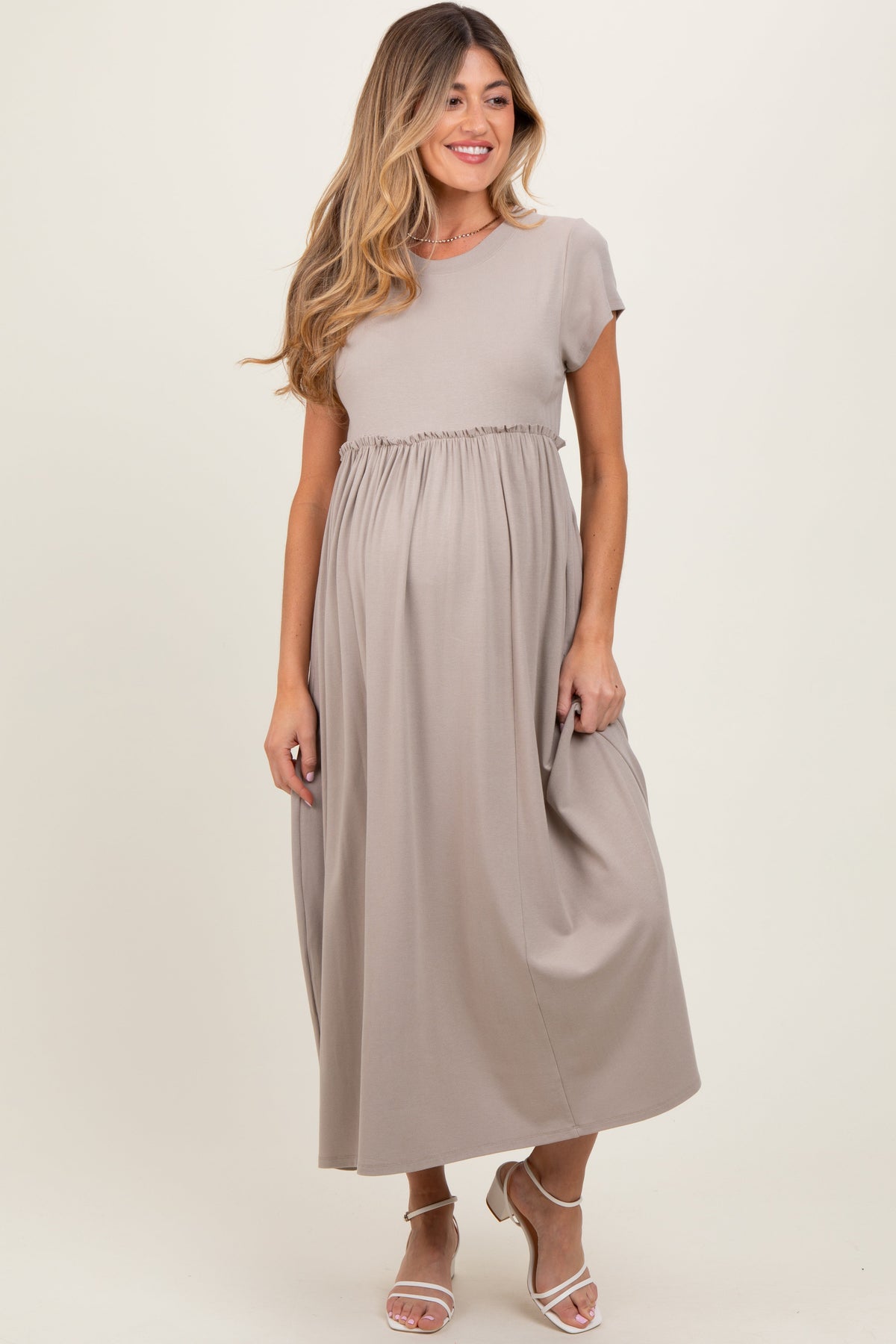 Three Little Tots Taupe Ruffle Trim Maternity Maxi Dress
