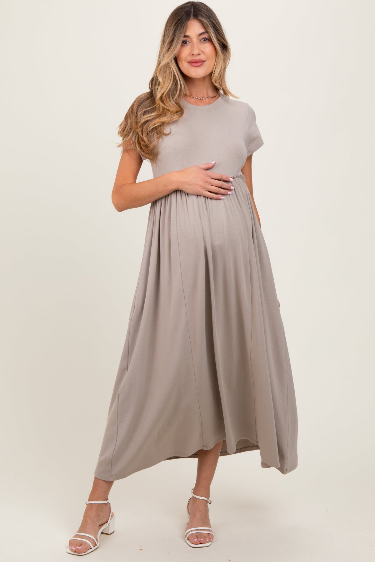 Three Little Tots Taupe Ruffle Trim Maternity Maxi Dress, additional product photo