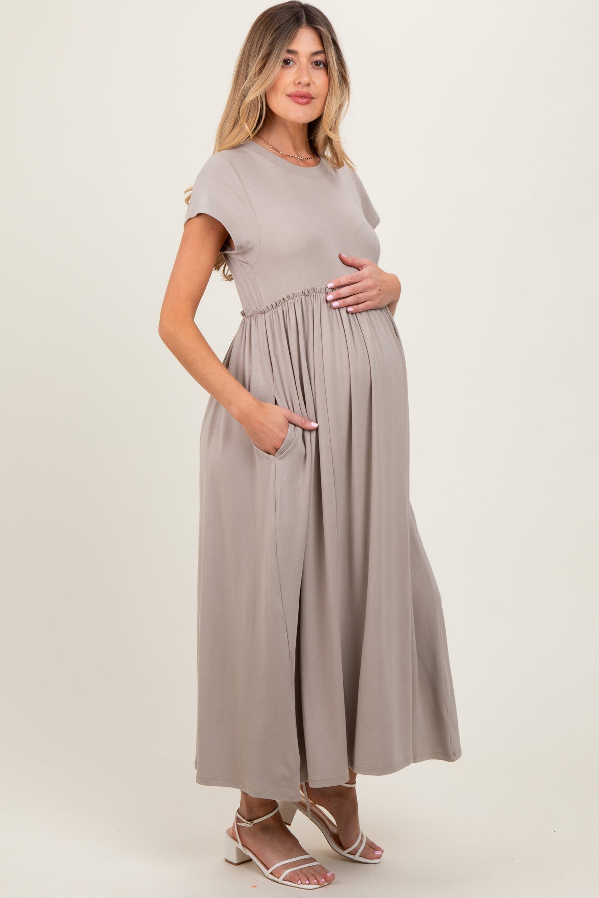 Three Little Tots Taupe Ruffle Trim Maternity Maxi Dress, alternate angle