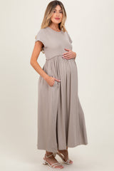 Three Little Tots Taupe Ruffle Trim Maternity Maxi Dress, alternate angle