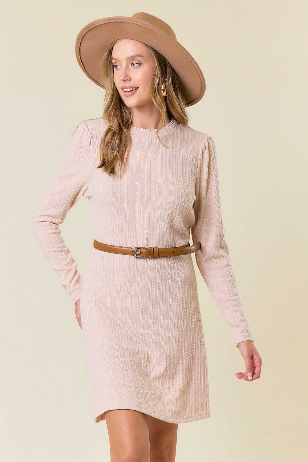 Three Little Tots Cream Textured Knit Ruffle Neck Long Sleeve Maternity Mini Dress, extra product detail