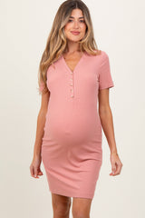 Three Little Tots Mauve Ribbed Short Sleeve Henley Maternity Dress