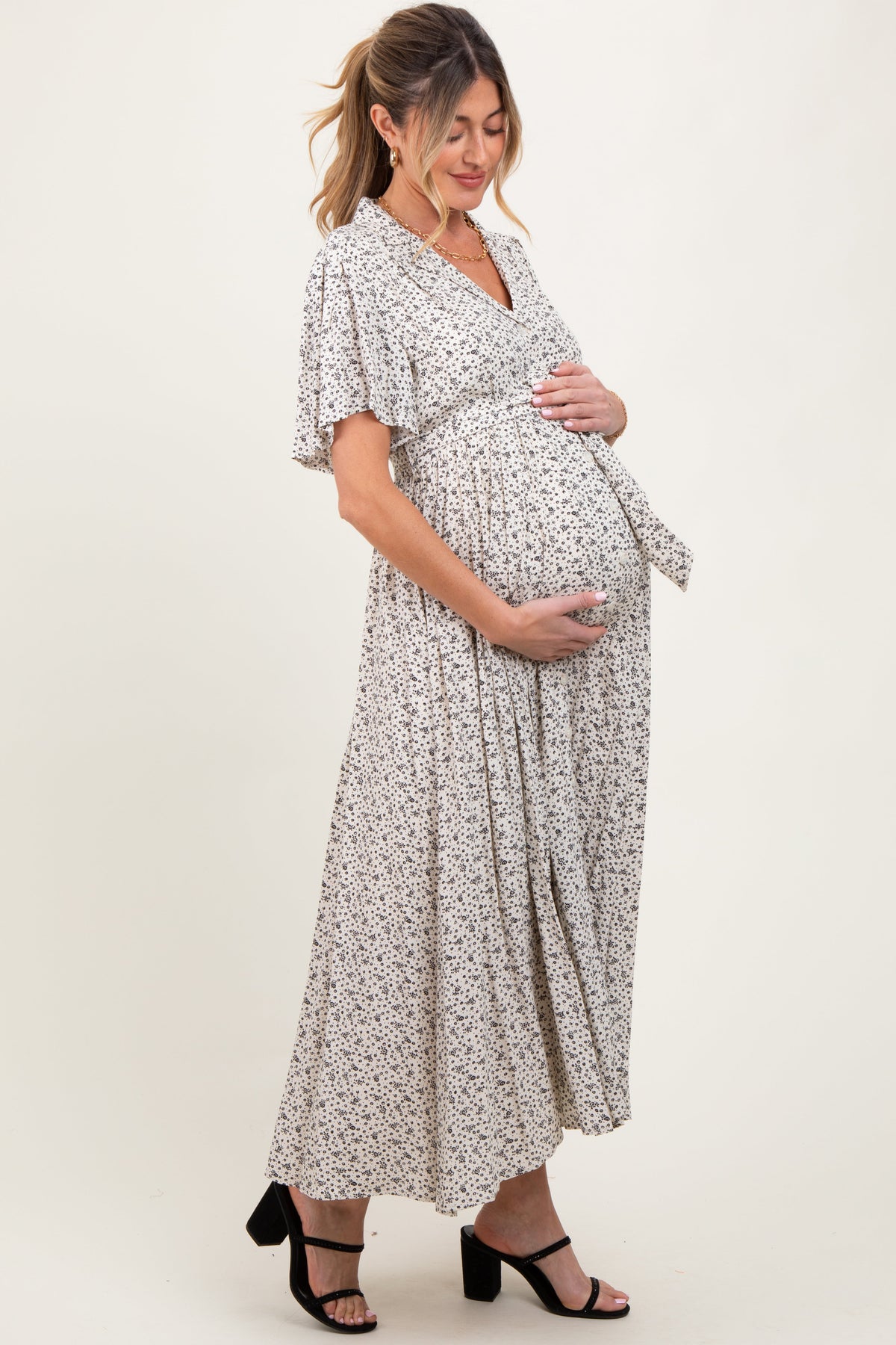 Three Little Tots Cream Flutter Sleeve Button Down Maternity Maxi Dress, additional product photo