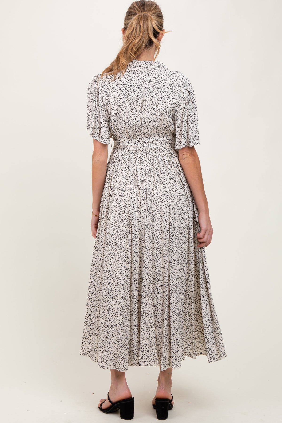 Three Little Tots Cream Flutter Sleeve Button Down Maternity Maxi Dress, alternate angle