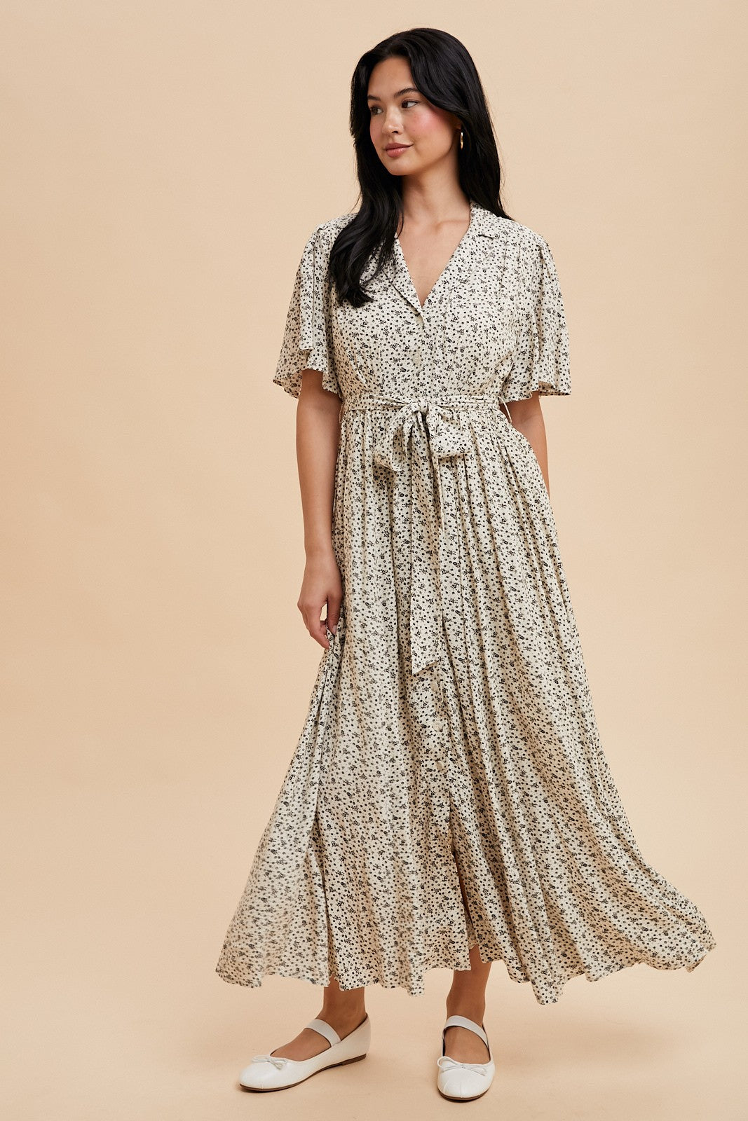 Three Little Tots Cream Flutter Sleeve Button Down Maternity Maxi Dress, additional view