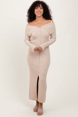 Three Little Tots Beige Off Shoulder Long Cardigan Maternity Maxi Dress, additional view