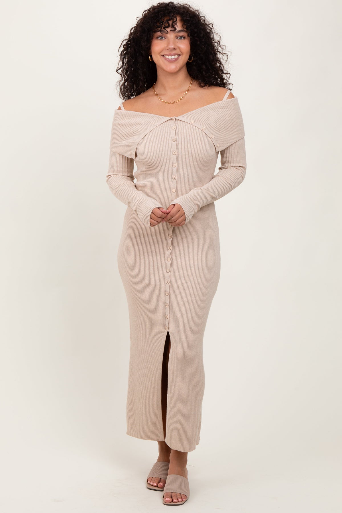 Three Little Tots Beige Off Shoulder Long Cardigan Maternity Maxi Dress, additional view