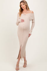 Three Little Tots Beige Off Shoulder Long Cardigan Maternity Maxi Dress, additional product photo