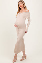 Three Little Tots Beige Off Shoulder Long Cardigan Maternity Maxi Dress