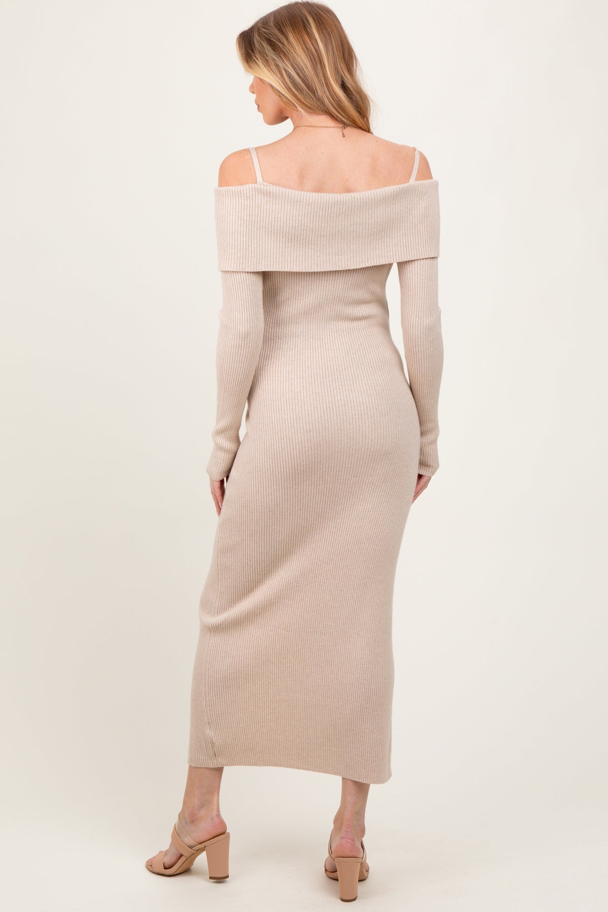 Three Little Tots Beige Off Shoulder Long Cardigan Maternity Maxi Dress, alternate angle