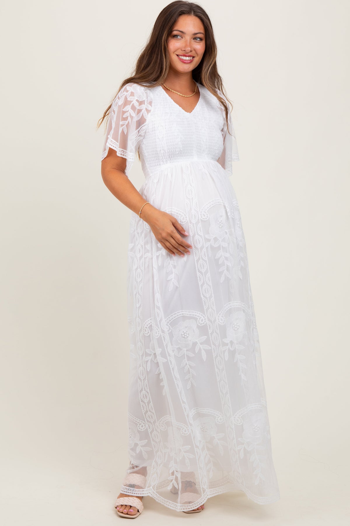 Three Little Tots White Smocked Top Lace Maternity Maxi Dress, additional product photo