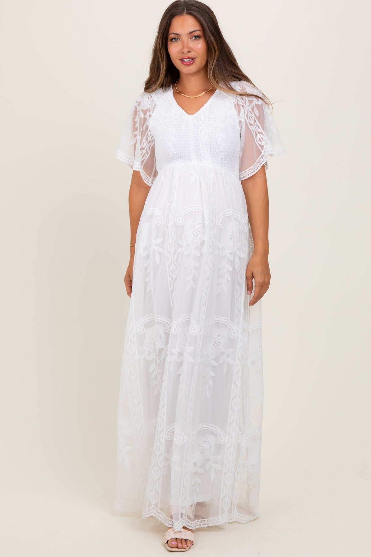 Three Little Tots White Smocked Top Lace Maternity Maxi Dress