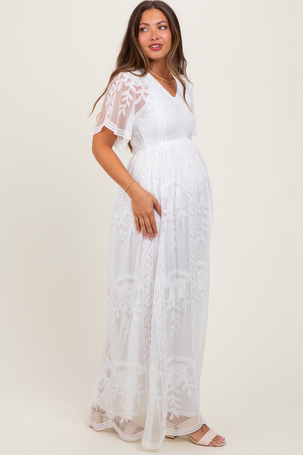 Three Little Tots White Smocked Top Lace Maternity Maxi Dress, alternate angle