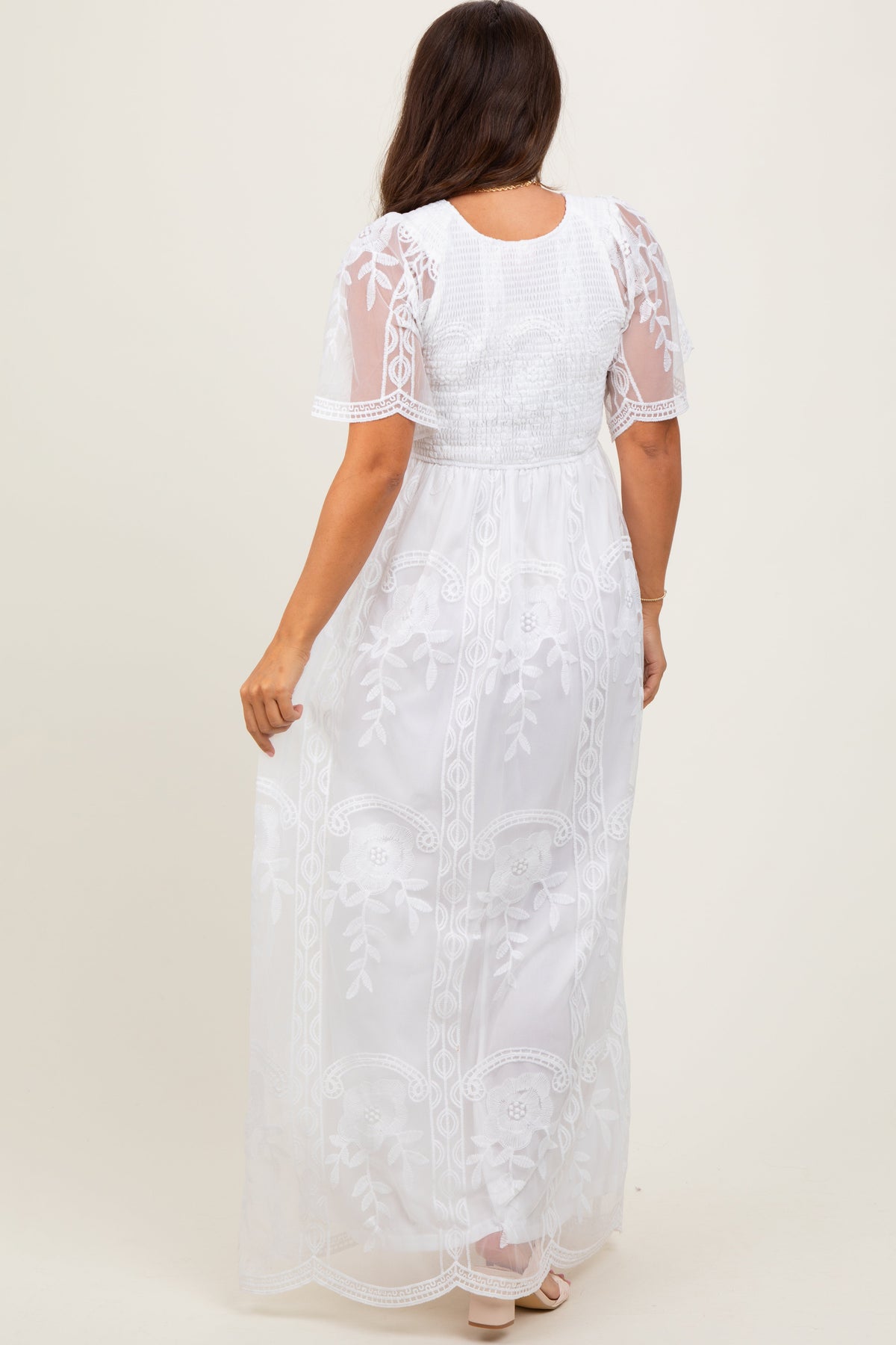 Three Little Tots White Smocked Top Lace Maternity Maxi Dress, additional view