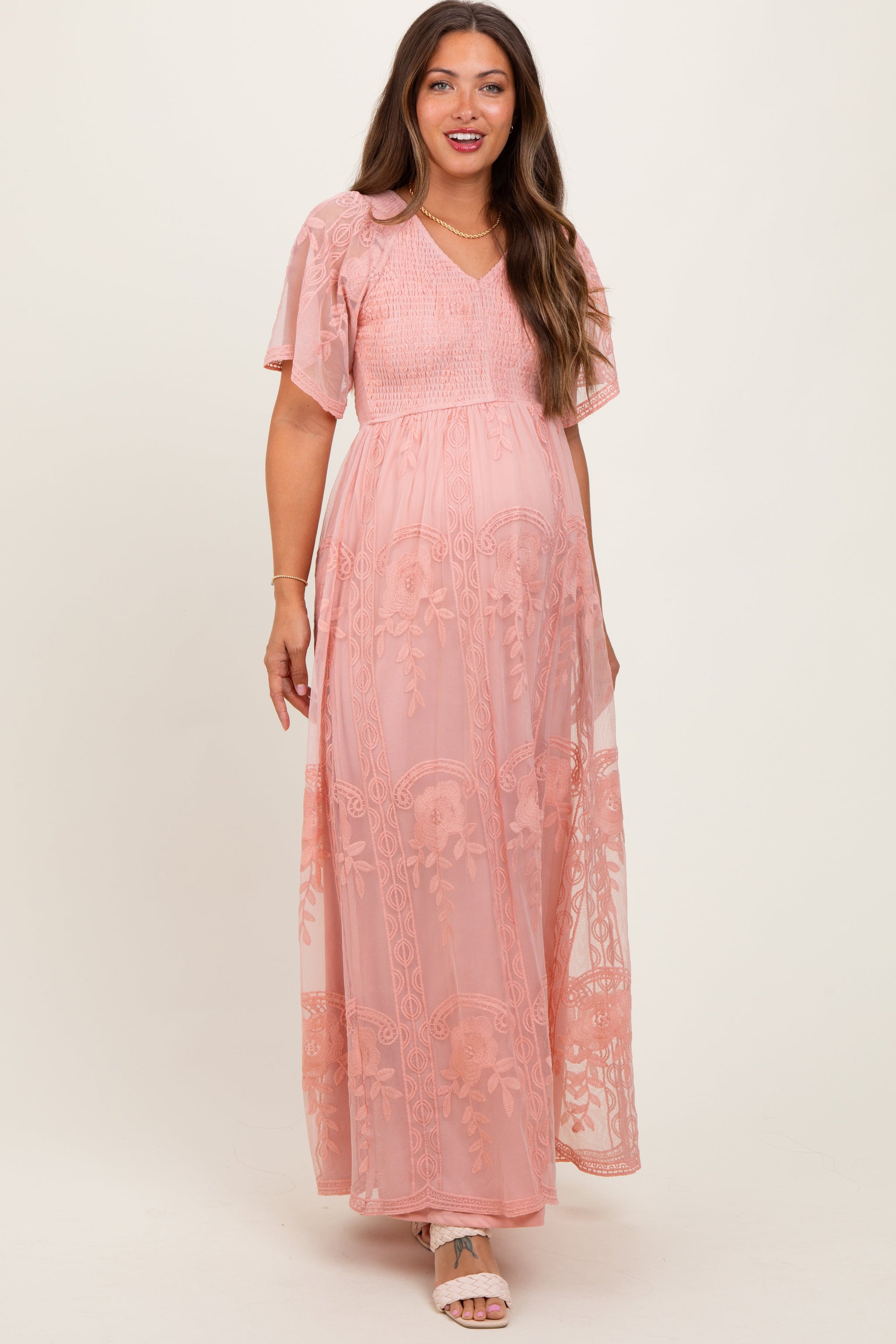 Three Little Tots Pink Smocked Top Lace Maternity Maxi Dress