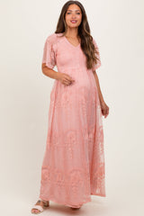 Three Little Tots Pink Smocked Top Lace Maternity Maxi Dress, additional product photo