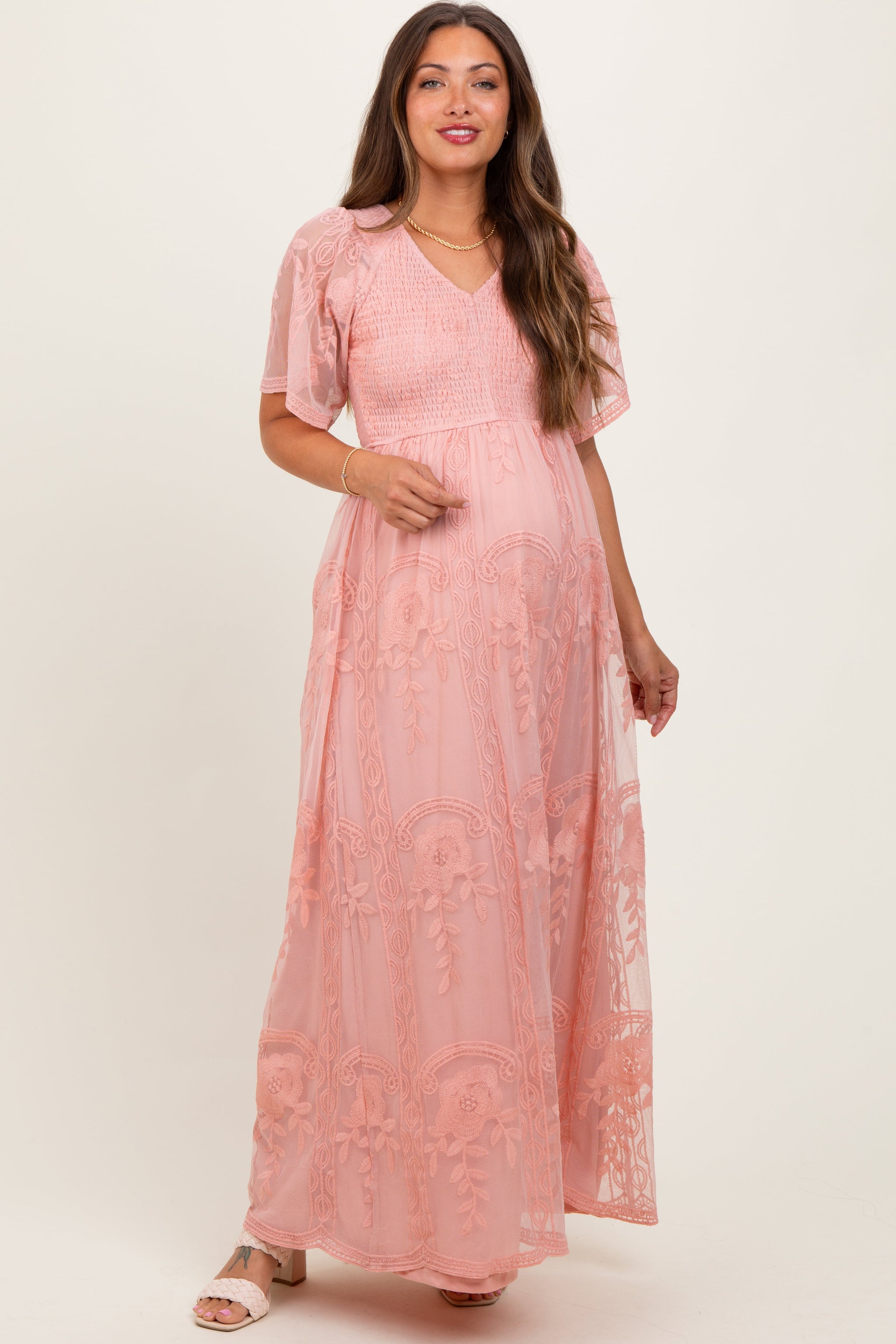 Three Little Tots Pink Smocked Top Lace Maternity Maxi Dress, additional product photo