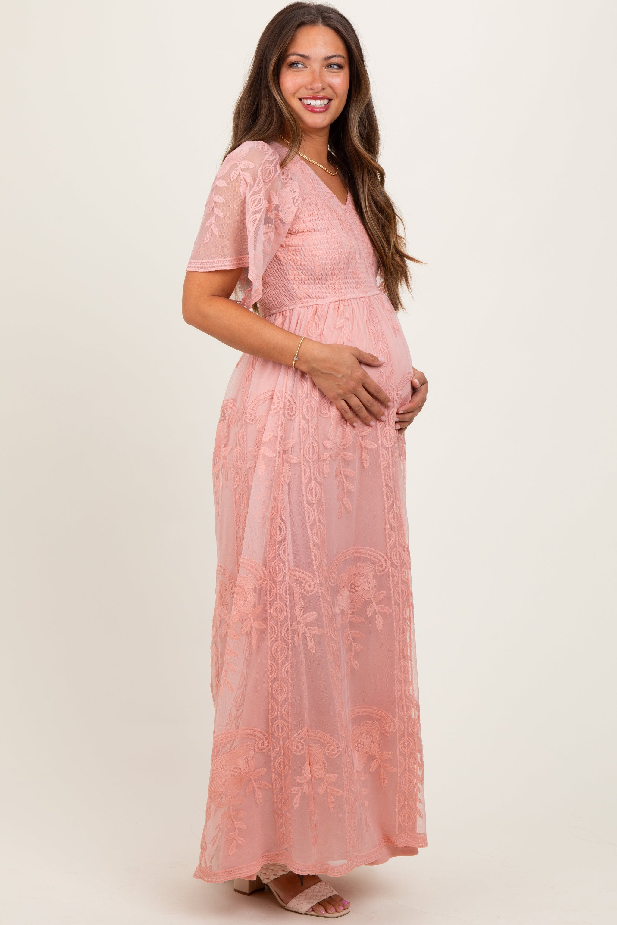 Three Little Tots Pink Smocked Top Lace Maternity Maxi Dress, alternate angle
