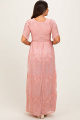 Three Little Tots Pink Smocked Top Lace Maternity Maxi Dress, additional view