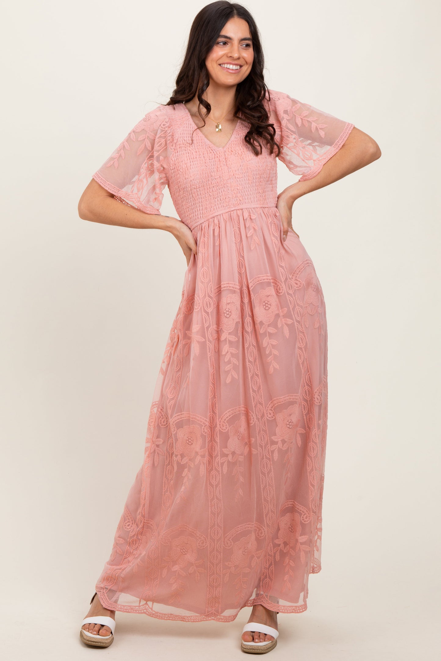 Three Little Tots Pink Smocked Top Lace Maternity Maxi Dress, extra product detail