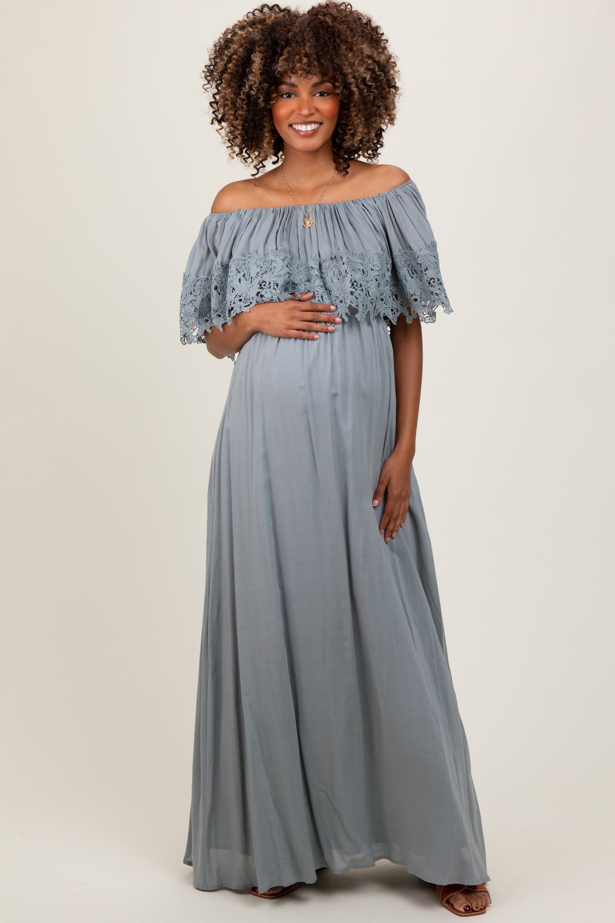 Three Little Tots Sage Lace Off Shoulder Maternity Maxi Dress