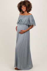 Three Little Tots Sage Lace Off Shoulder Maternity Maxi Dress, additional product photo