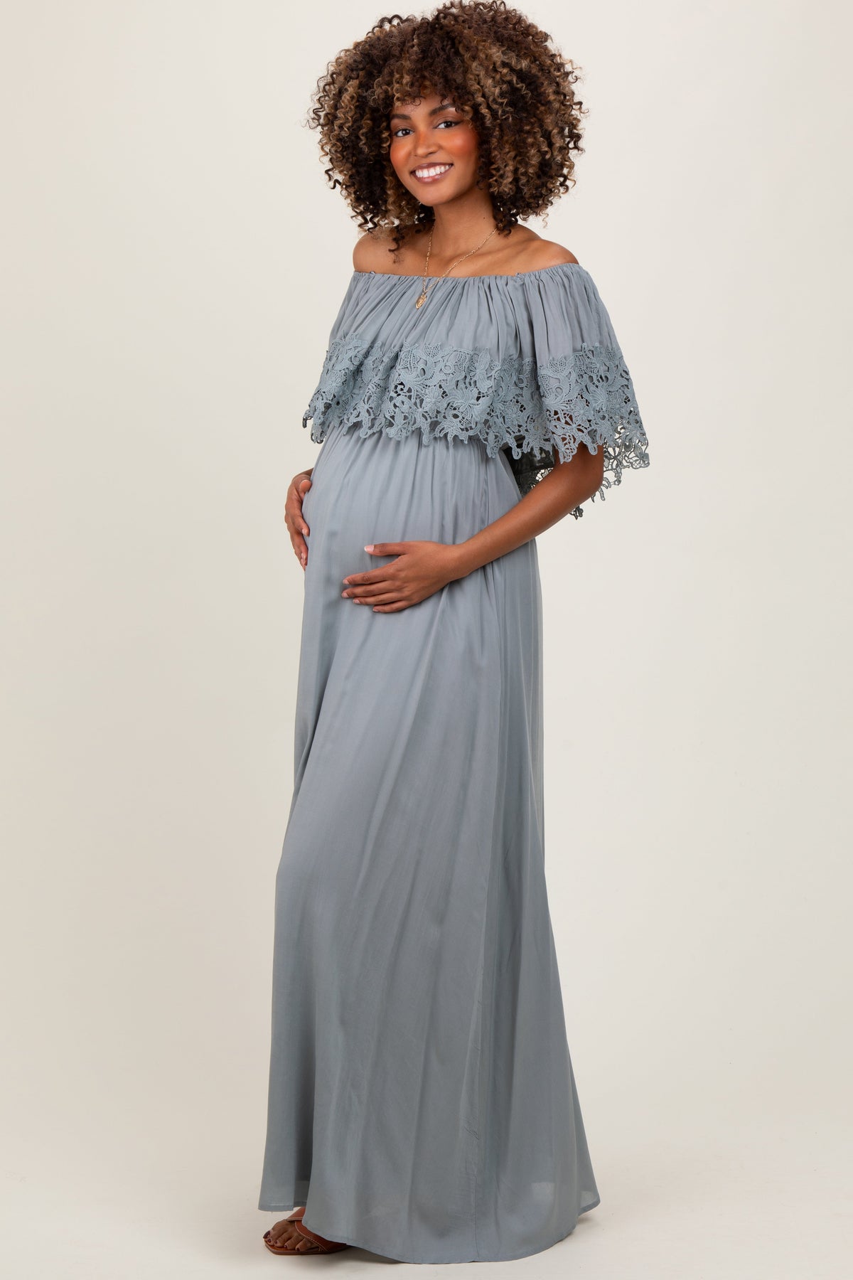 Three Little Tots Sage Lace Off Shoulder Maternity Maxi Dress, additional product photo