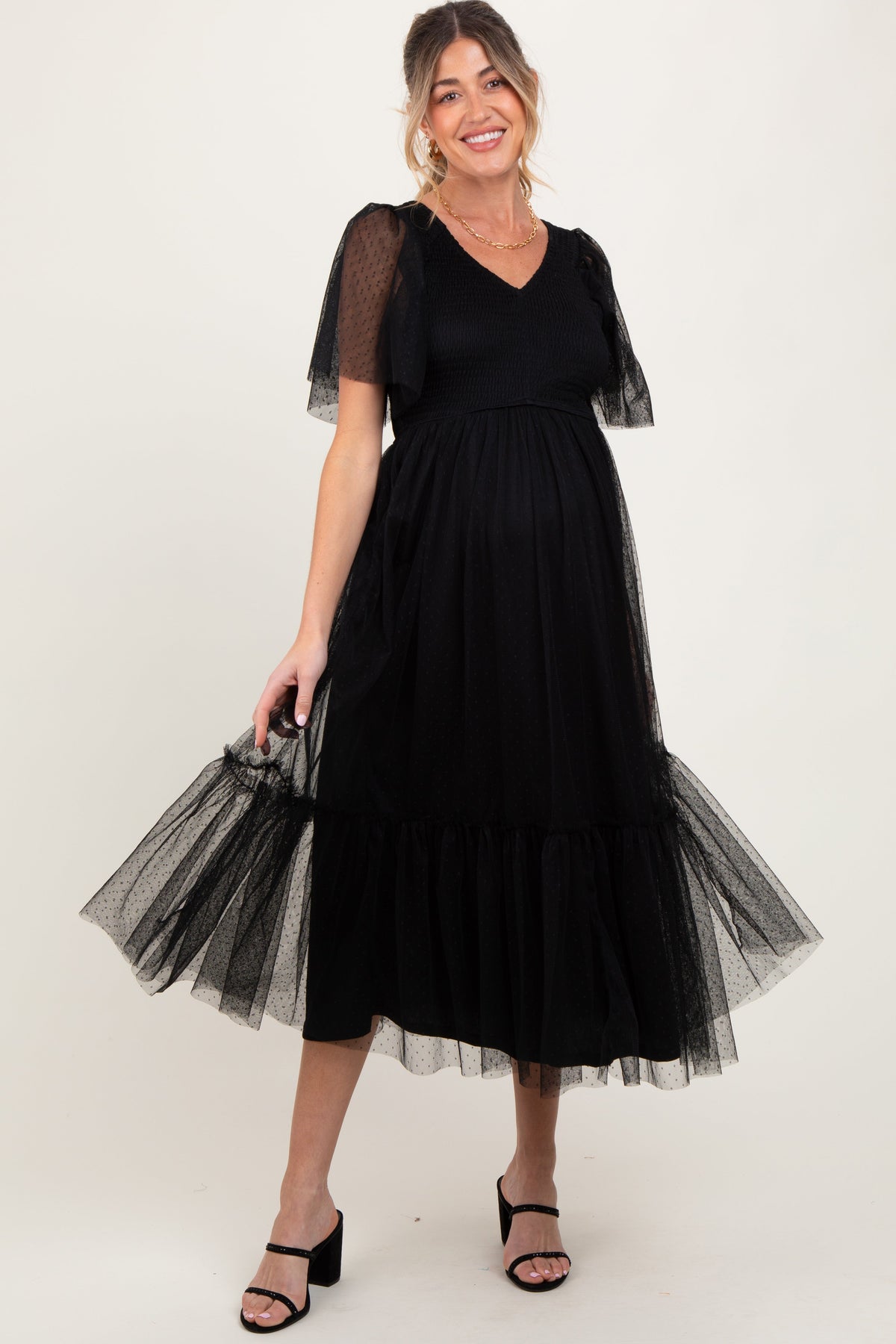 Three Little Tots Black Dotted Tulle Smocked Maternity Midi Dress, additional product photo