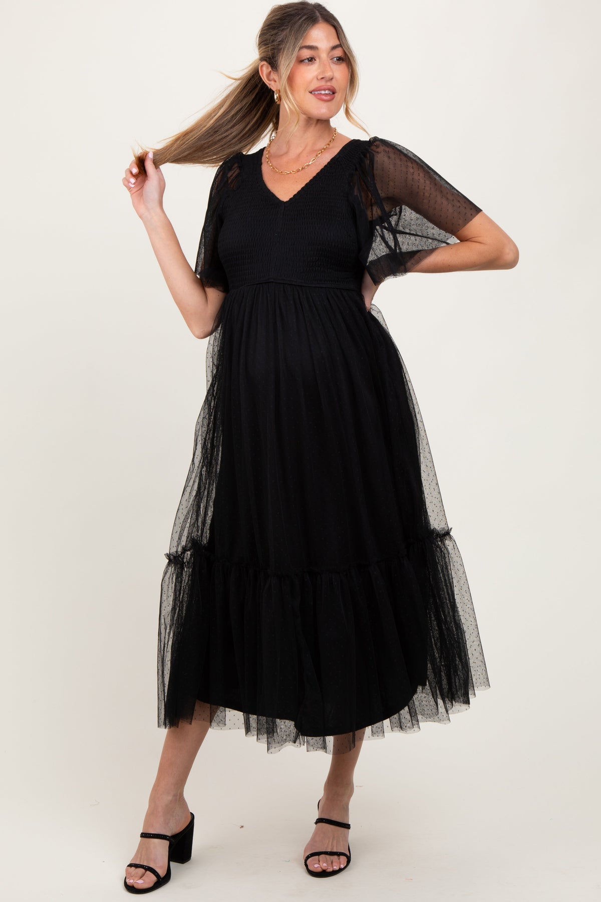 Three Little Tots Black Dotted Tulle Smocked Maternity Midi Dress