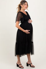 Three Little Tots Black Dotted Tulle Smocked Maternity Midi Dress, alternate angle