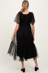 Three Little Tots Black Dotted Tulle Smocked Maternity Midi Dress, additional view