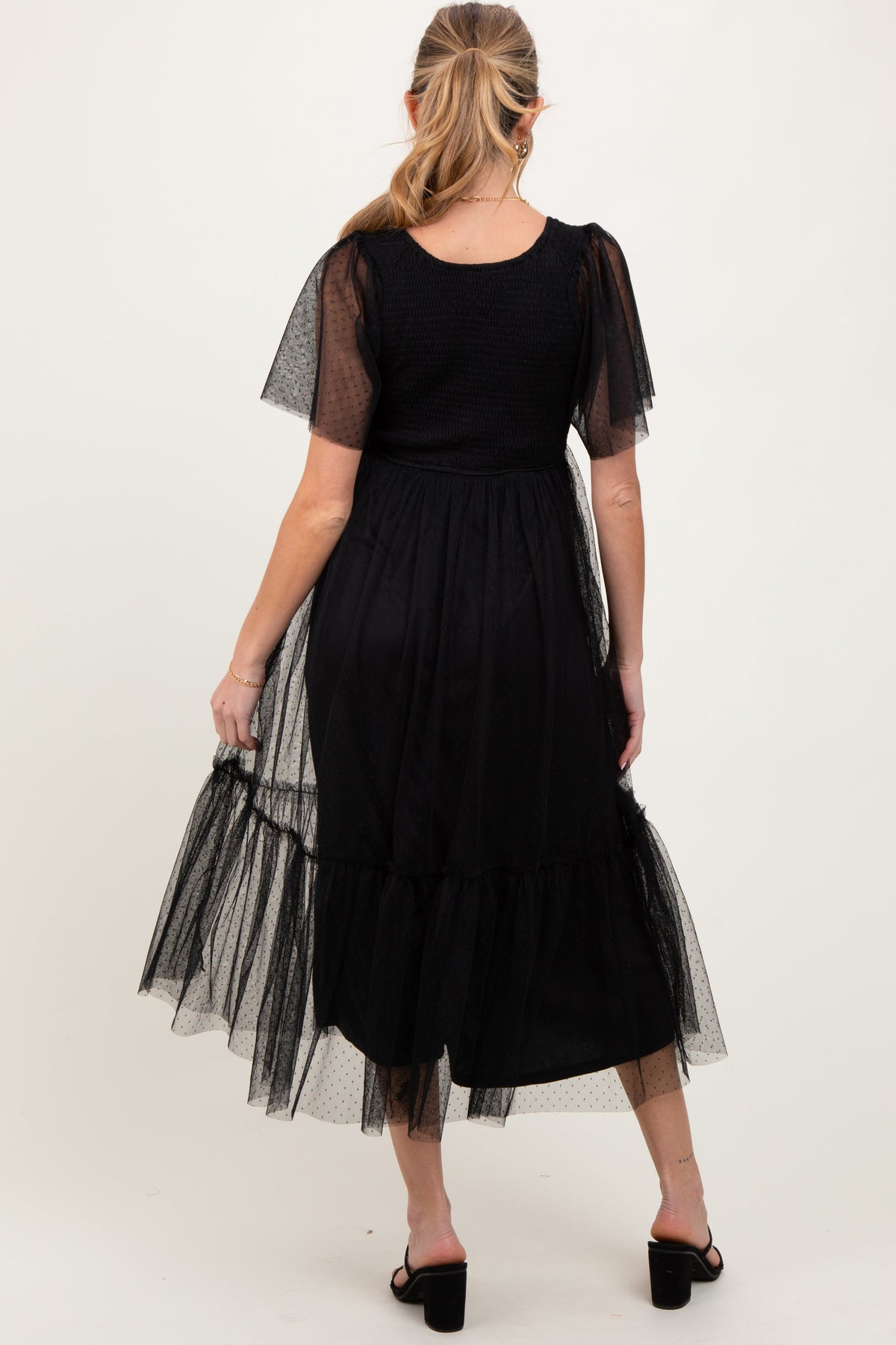 Three Little Tots Black Dotted Tulle Smocked Maternity Midi Dress, additional view