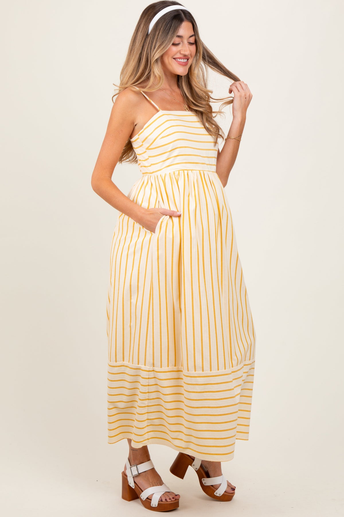 Three Little Tots Yellow Striped Sleeveless Maternity Maxi Dress, alternate angle