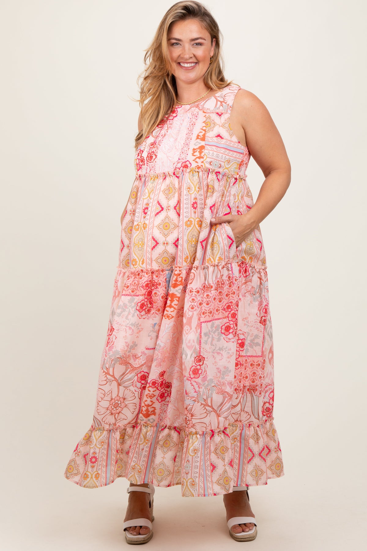 Three Little Tots Peach Abstract Printed Plus Maternity Maxi Dress
