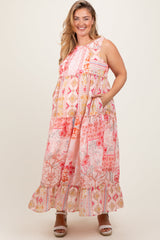 Three Little Tots Peach Abstract Printed Plus Maternity Maxi Dress