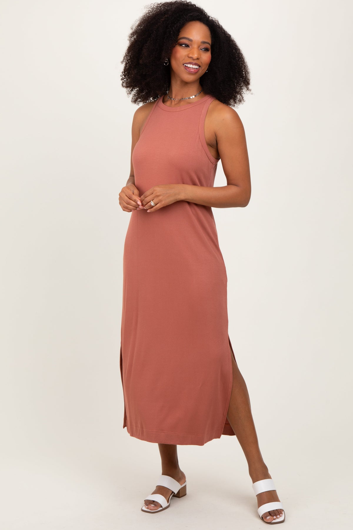 Three Little Tots Rust Sleeveless Side Slit Maternity Midi Dress, extra product detail