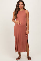 Three Little Tots Rust Sleeveless Side Slit Maternity Midi Dress