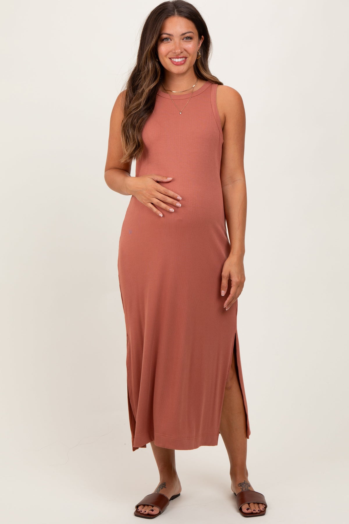 Three Little Tots Rust Sleeveless Side Slit Maternity Midi Dress