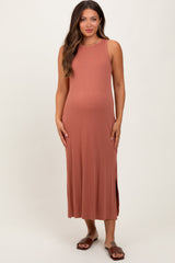 Three Little Tots Rust Sleeveless Side Slit Maternity Midi Dress, additional product photo