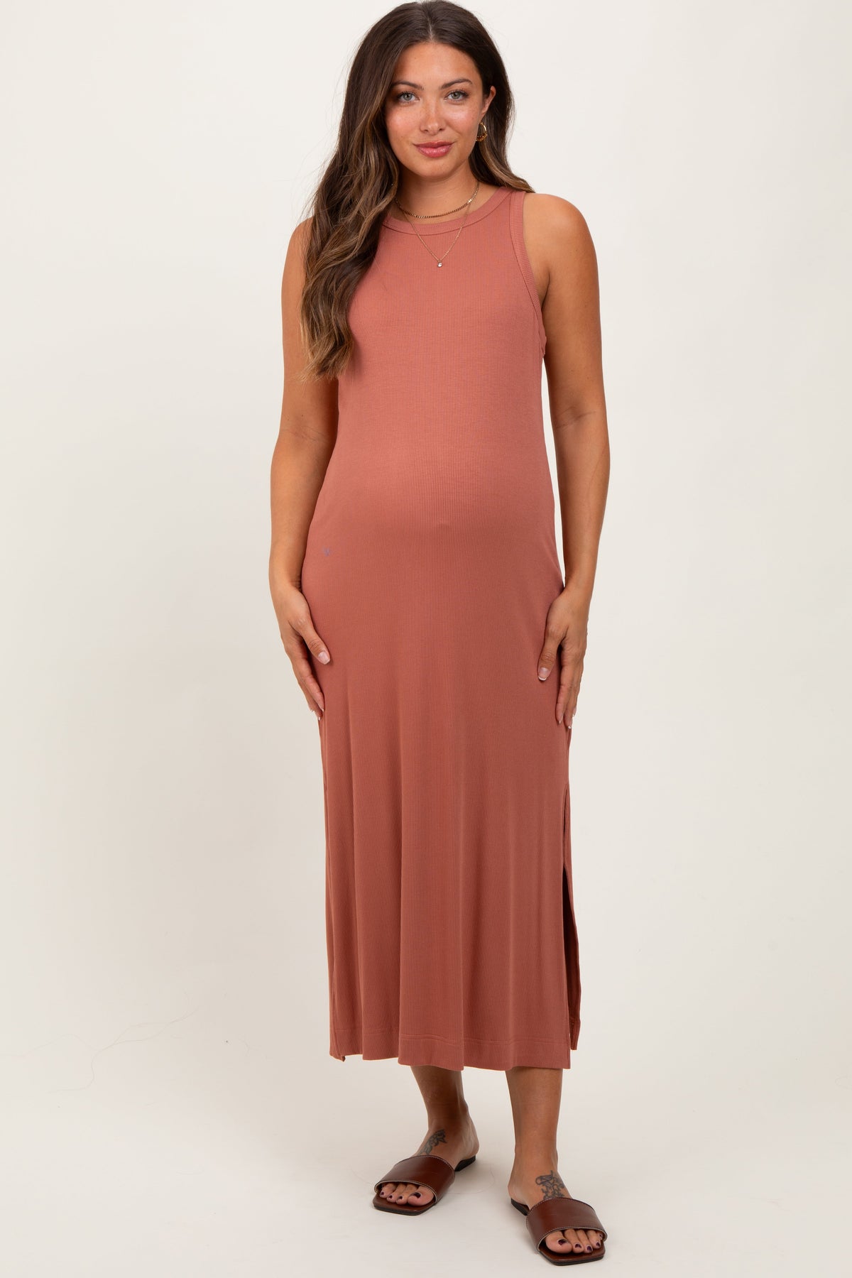 Three Little Tots Rust Sleeveless Side Slit Maternity Midi Dress, additional product photo