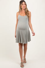 Three Little Tots Light Olive Solid Ribbed Knitted Adjustable Strap Sleeveless Maternity Mini Dress