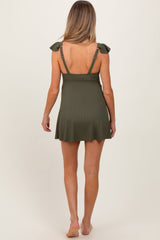 Three Little Tots Olive Ribbed Ruffle Twist Front Maternity Swim Dress, extra product detail