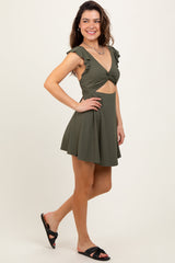 Three Little Tots Olive Ribbed Ruffle Twist Front Swim Dress, alternate angle