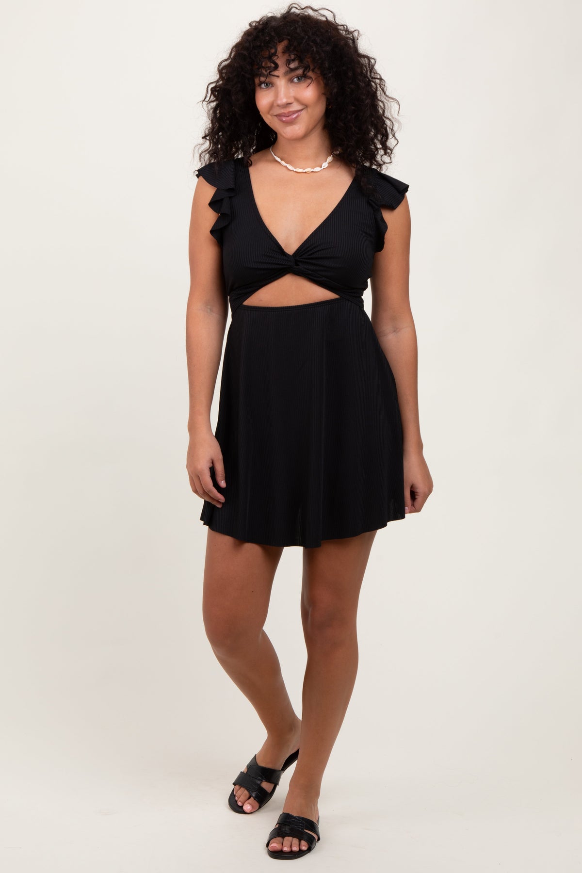 Three Little Tots Black Ribbed Ruffle Twist Front Swim Dress, additional product photo