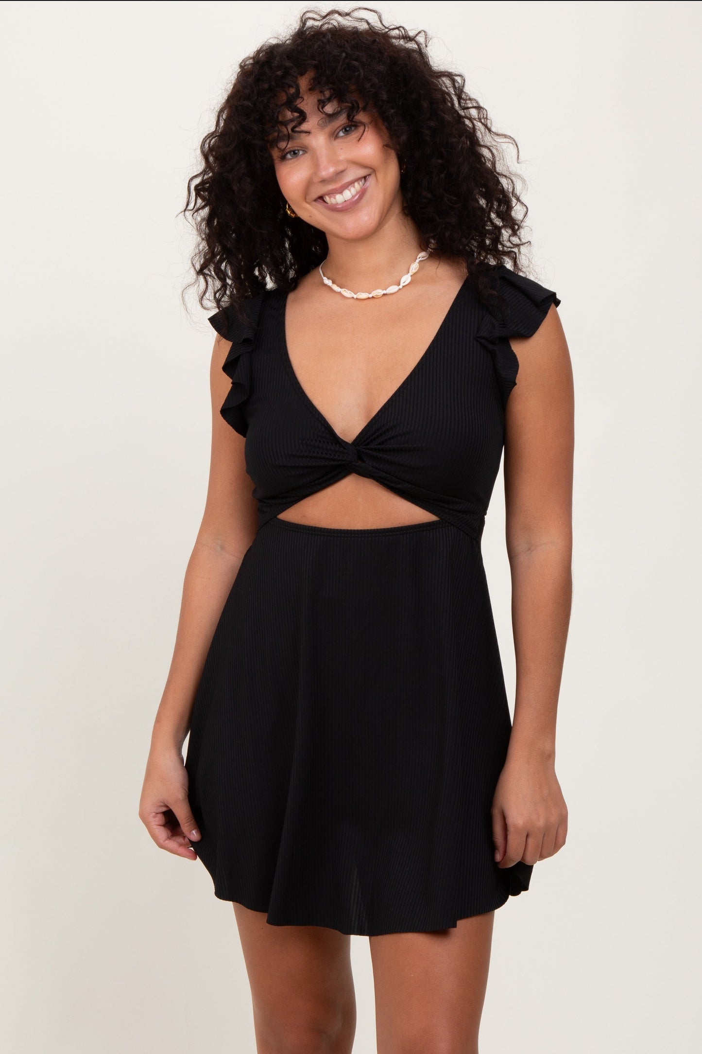 Three Little Tots Black Ribbed Ruffle Twist Front Maternity Swim Dress, extra product detail