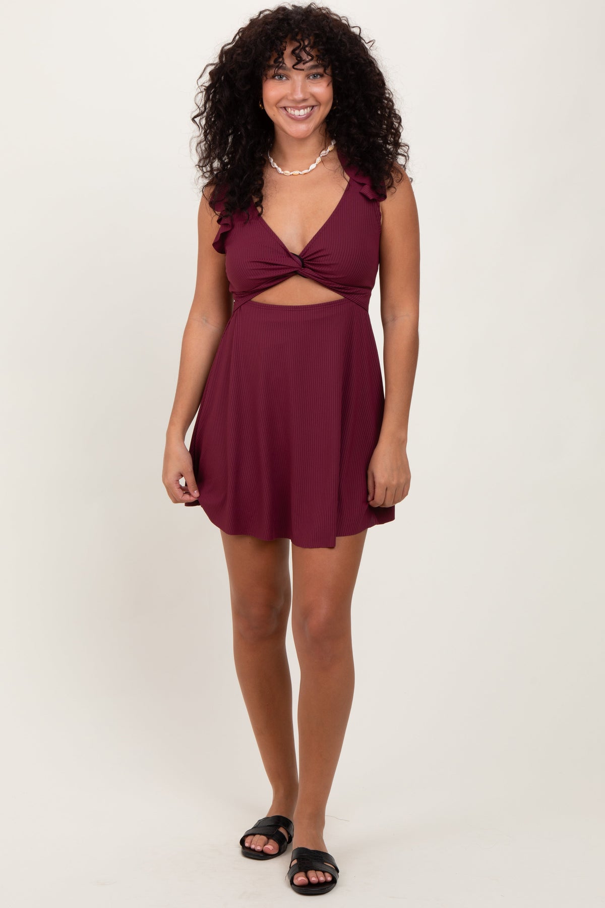 Three Little Tots Burgundy Ribbed Ruffle Twist Front Swim Dress, additional product photo