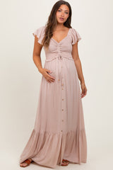 Three Little Tots Taupe Smocked Top Woven Maternity Maxi Dress
