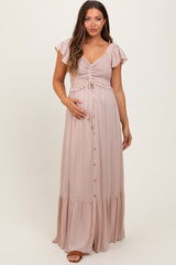 Three Little Tots Taupe Smocked Top Woven Maternity Maxi Dress, additional product photo
