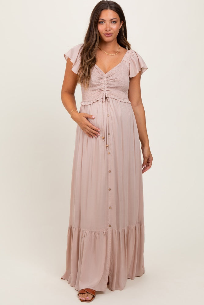 Three Little Tots Taupe Smocked Top Woven Maternity Maxi Dress, additional product photo