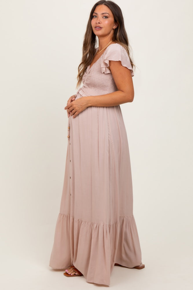 Three Little Tots Taupe Smocked Top Woven Maternity Maxi Dress, alternate angle